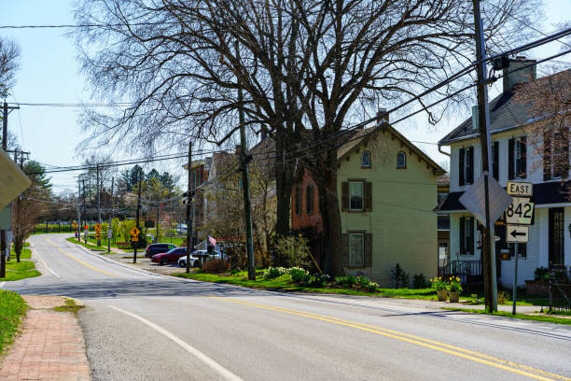 Unionville, PA, USA - April 6, 2021: The main road, known as Route 82, through the community of Unionville in southern Chester County, PA.