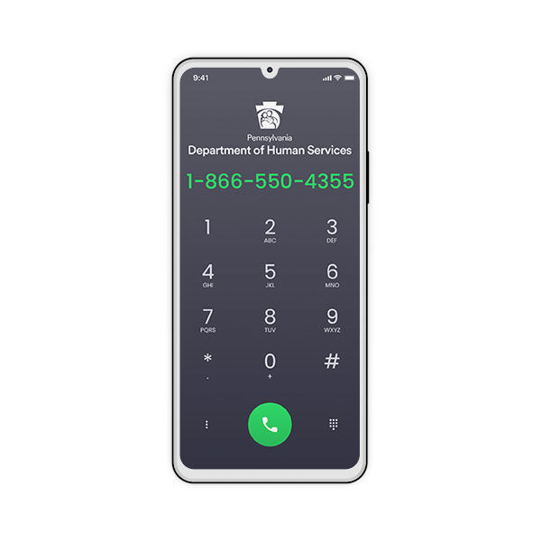 A cell phone showing the DHS Customer Service Center phone number.